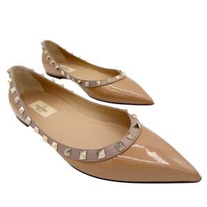 Valentino Garavani Rockstud Ballet Flat Shoes Nude Patent Leather Size 39 US 9